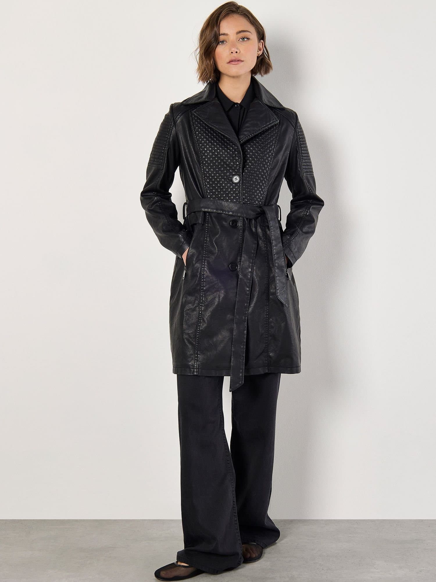 Apricot Apricot Women's Faux Leather Biker Trench Coat in Black