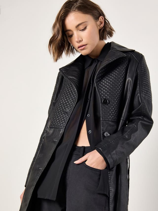 Apricot Apricot Women's Faux Leather Biker Trench Coat in Black - 2