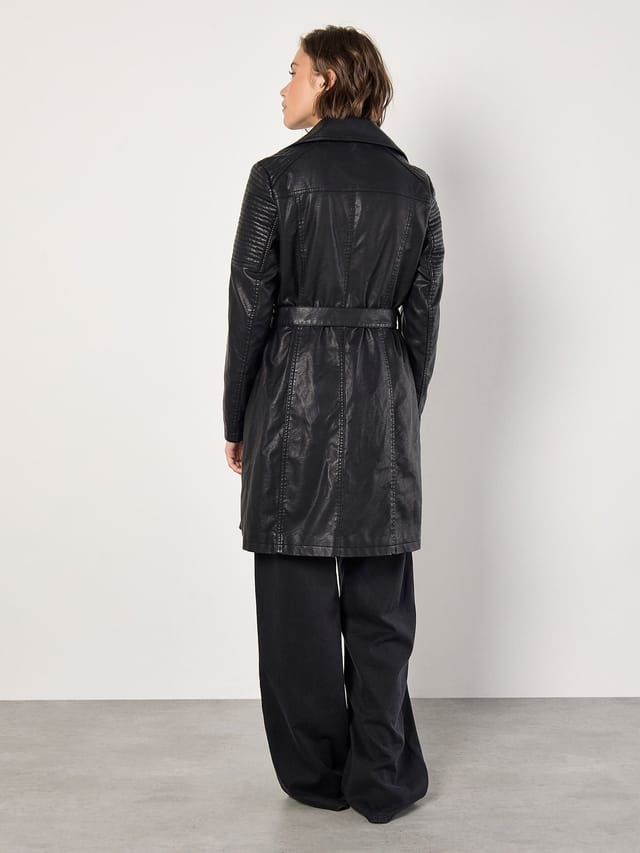 Apricot Apricot Women's Faux Leather Biker Trench Coat in Black - 3