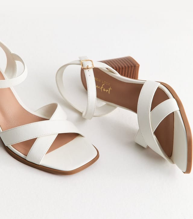 New Look Women's White Faux Leather Block Heel Sandals Vegan New Look - 3