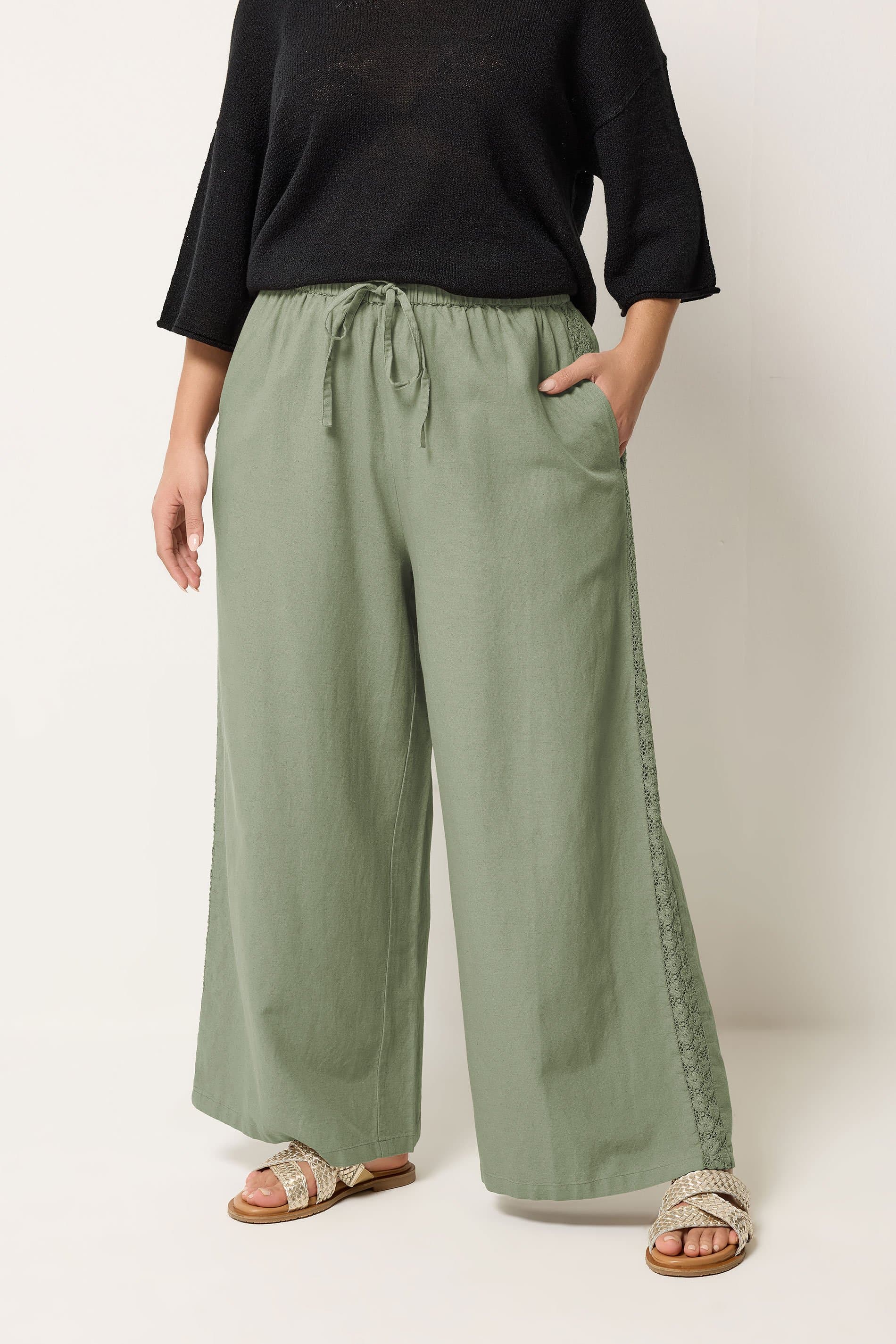 Yours Plus Size Khaki Green Crochet Detail Linen Trousers