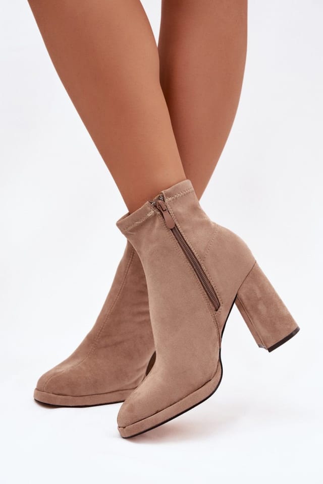 Love Lace Love Lace Women's Ankle Heel Boots Suede Zipper Closure Drative Stitch in Beige - 3