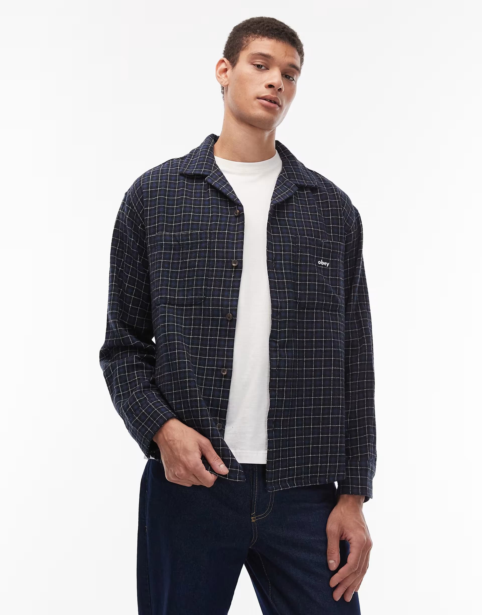 ASOS Obey adams long sleeve flannel shirt in navy and white