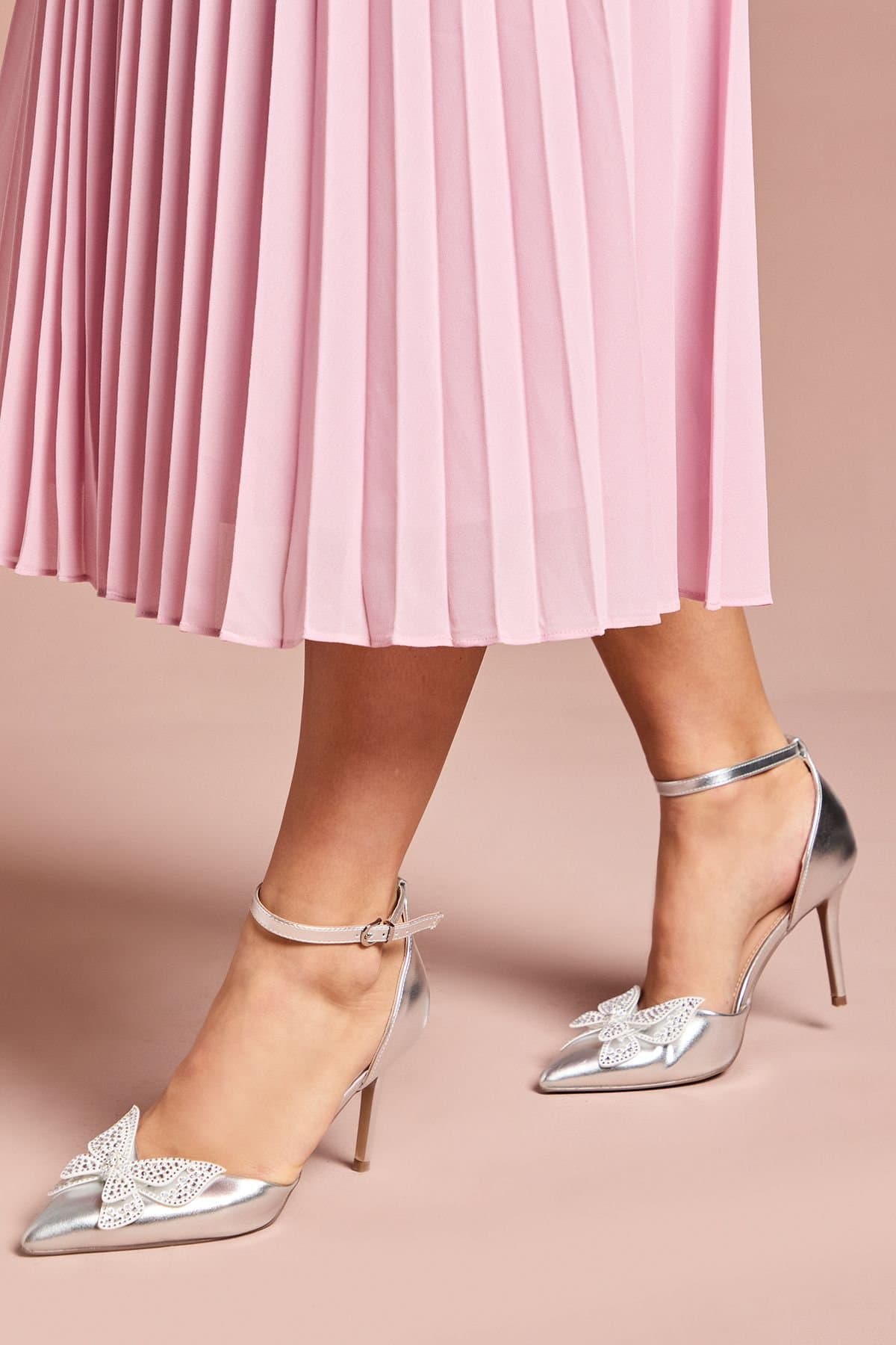 Coast Coast Silver Satin Butterfly Trim Stiletto Shoes