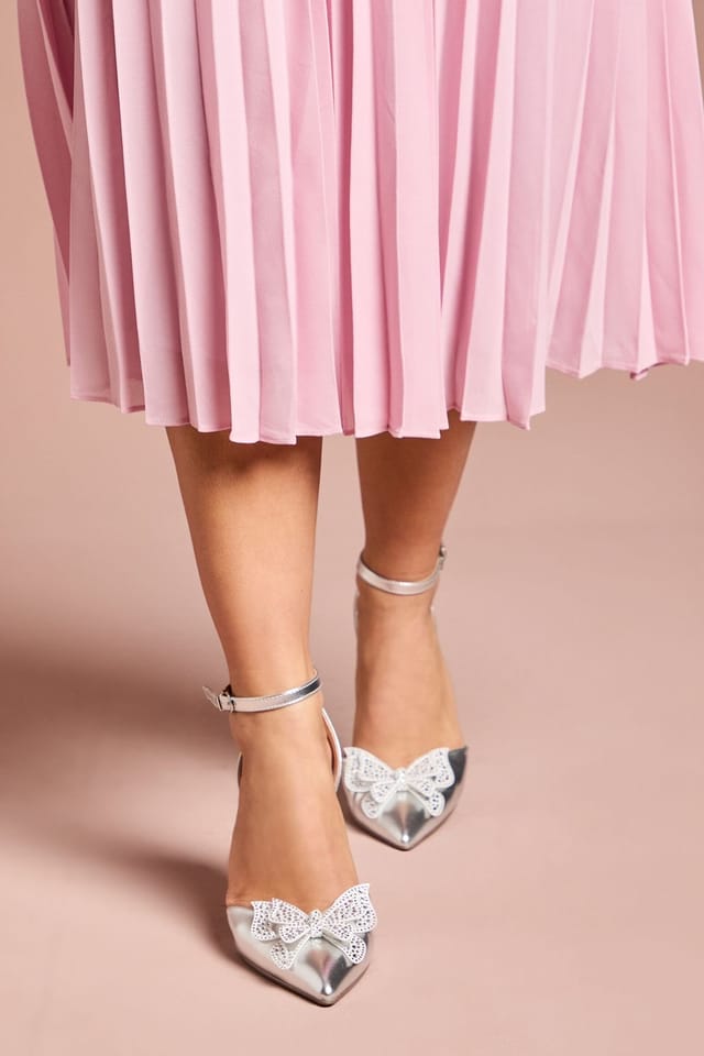 Coast Coast Women's Poppy Satin Diamante Butterfly Trim Pointed High Stiletto Heel Court Shoes in Silver - 2