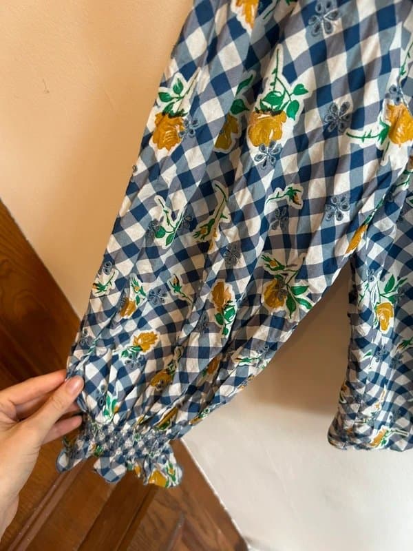 Rixo Rixo blue gingham off the shoulder top with yellow flowers