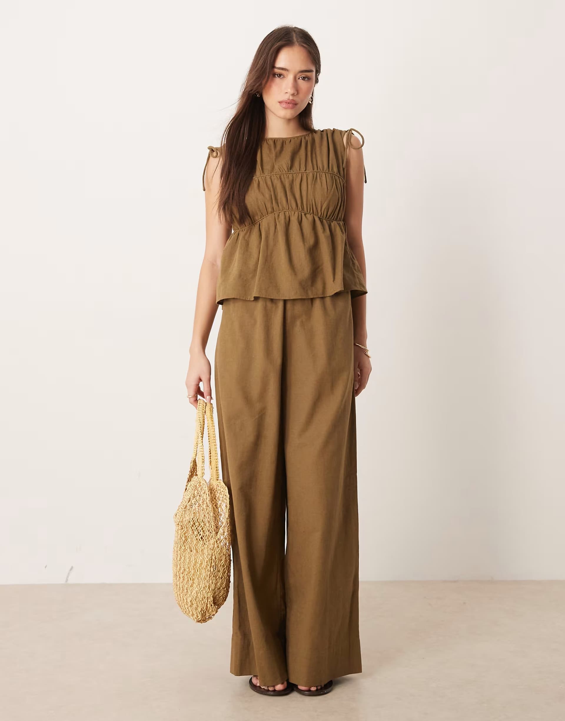 ASOS ASOS DESIGN double layer jumpsuit with gathered bust detail in olive green