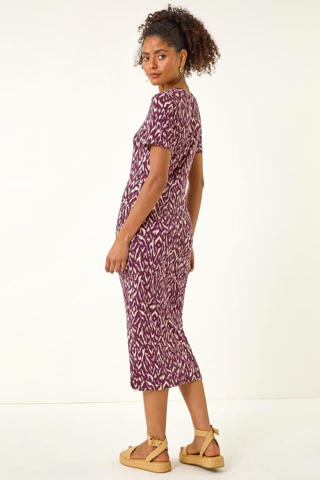 Dusk Dusk Women's Abstract Print Stretch Midi Dress in Wine - 3