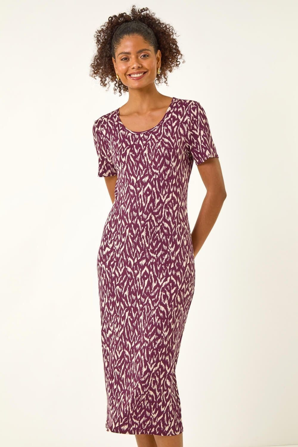 Dusk Dusk Women's Abstract Print Stretch Midi Dress in Wine - 4