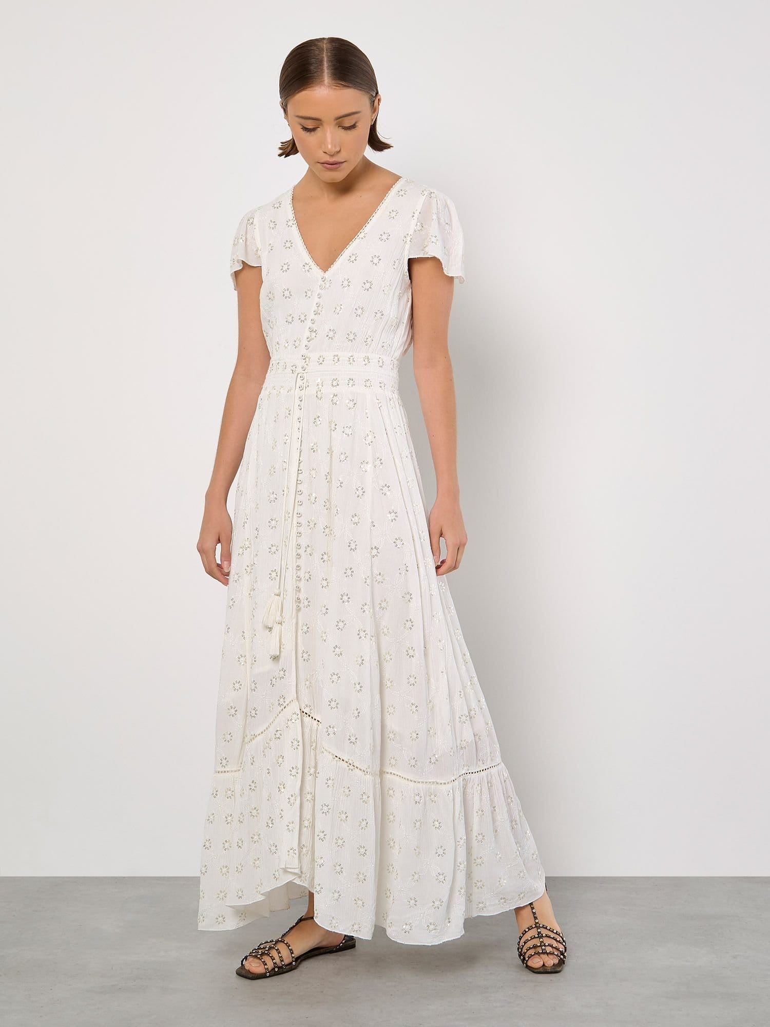 Apricot Apricot Women's Embroidered Sequin Maxi Dress in White - 4