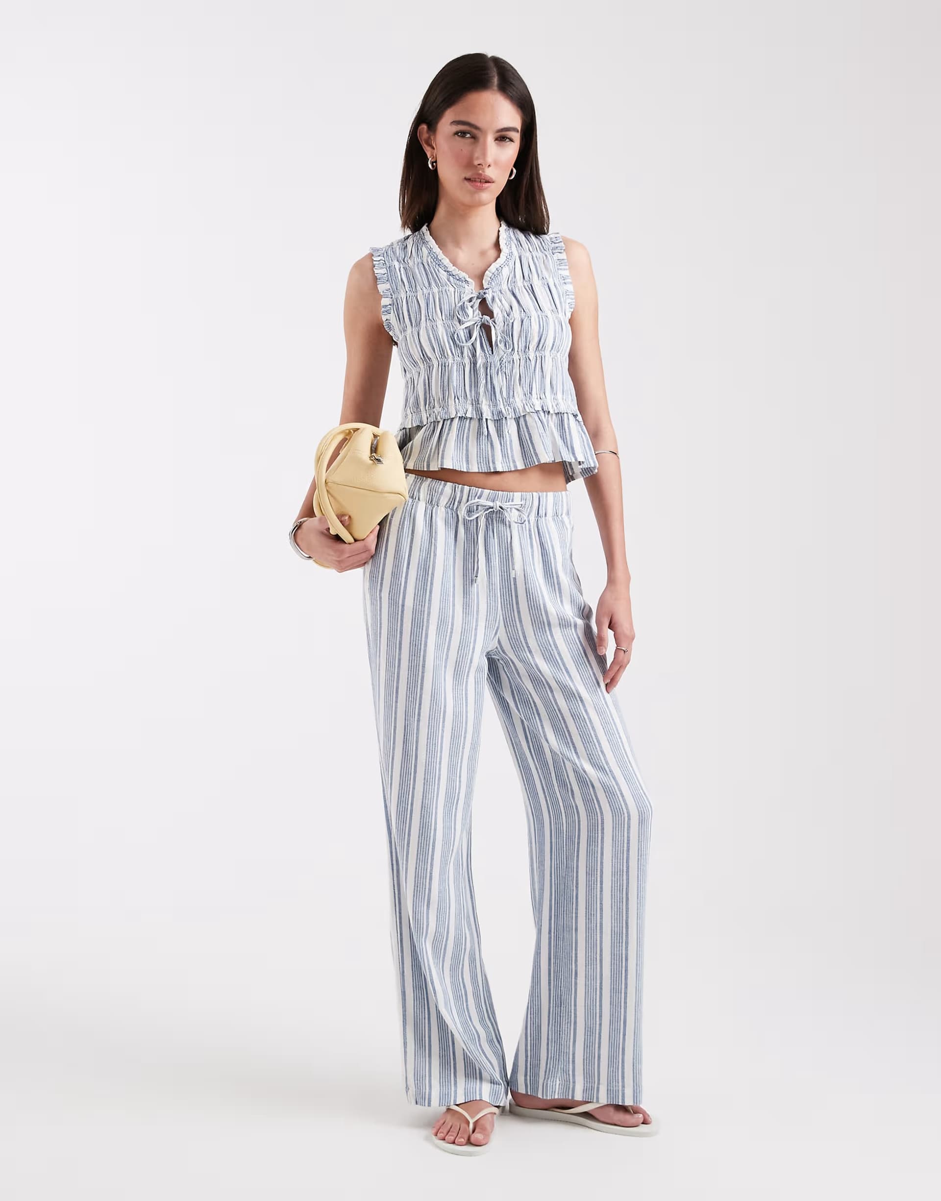 ASOS ONLY linen blend tie front ruched top &	linen blend pull on trouser co-ord in blue stripes