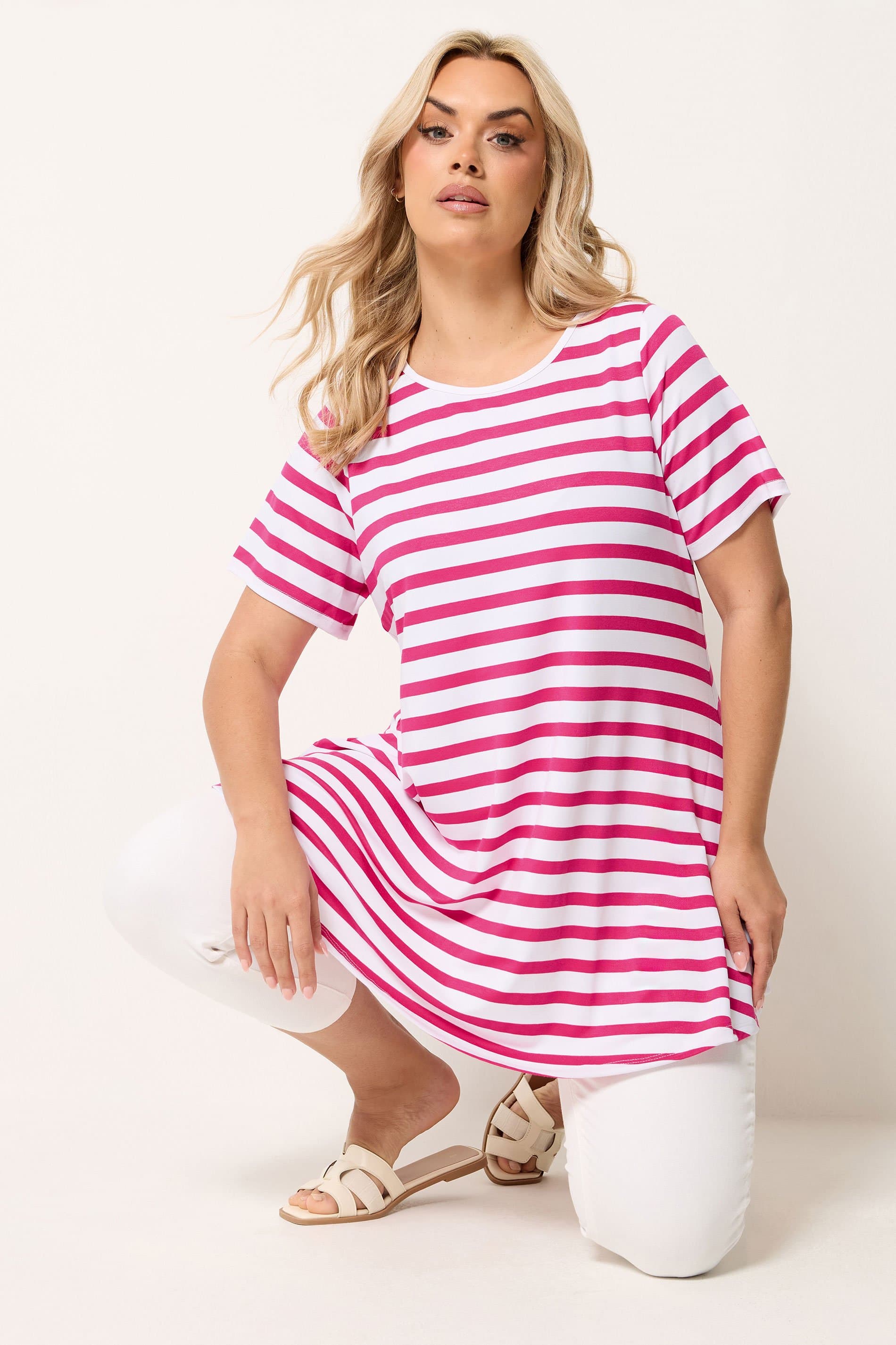 Yours Plus Size Pink Stripe Swing Tshirt