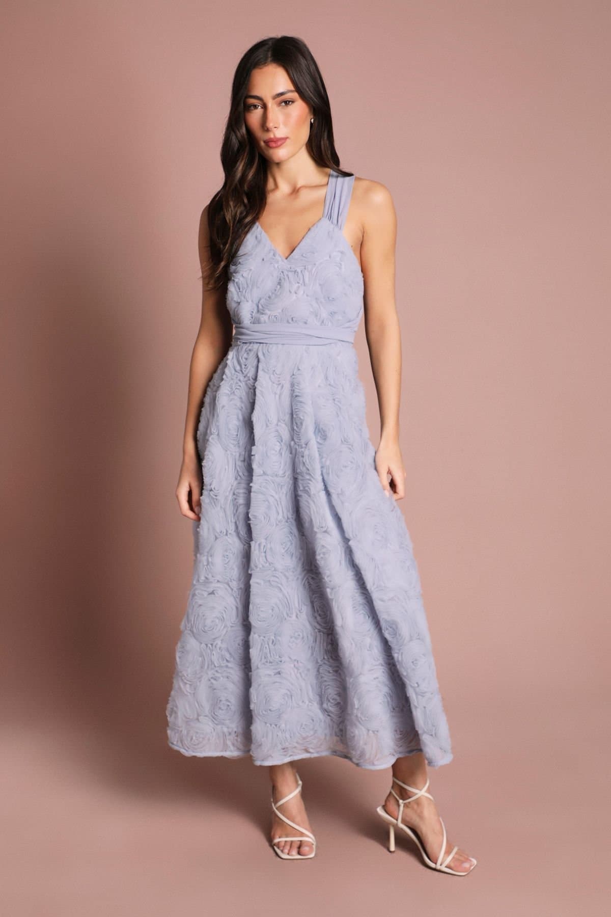 Coast Coast Women's Embroidered Mesh Floral Textured Midi Dress in Pale Blue