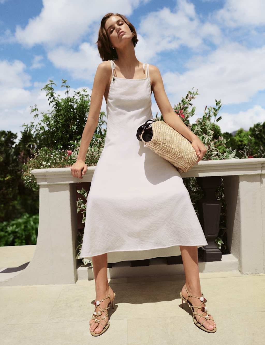 Marks & Spencer M&S Beaded Square Neck Strappy Midi Column Dress Soft White