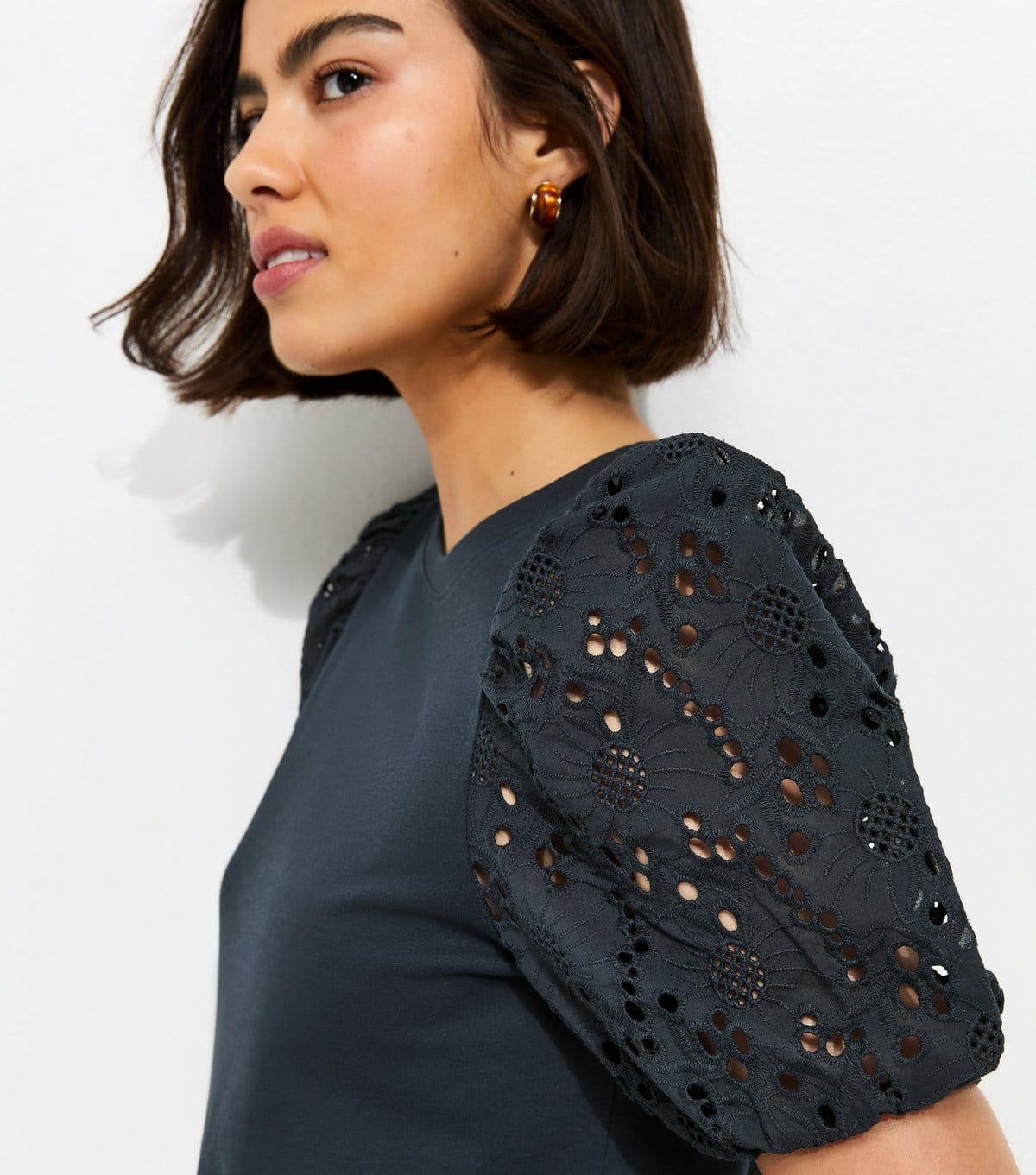 New Look Navy Broderie Anglaise Puff Sleeve Top