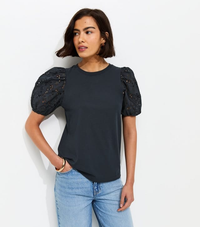 New Look Women's Navy Broderie Anglaise Puff Sleeve Top New Look - 2