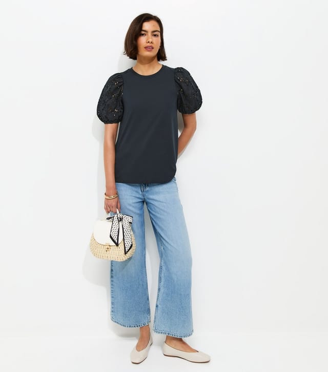 New Look Women's Navy Broderie Anglaise Puff Sleeve Top New Look - 3