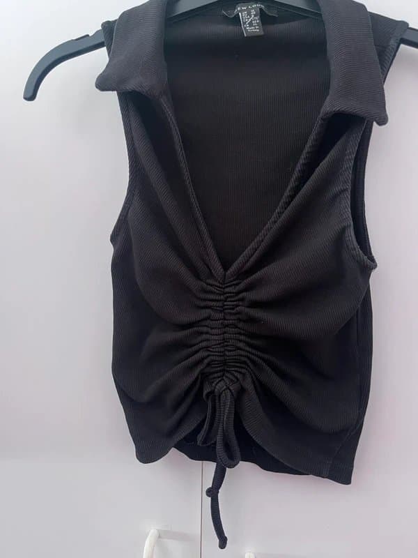 New Look Black Crop Ruched Front Top Size 12