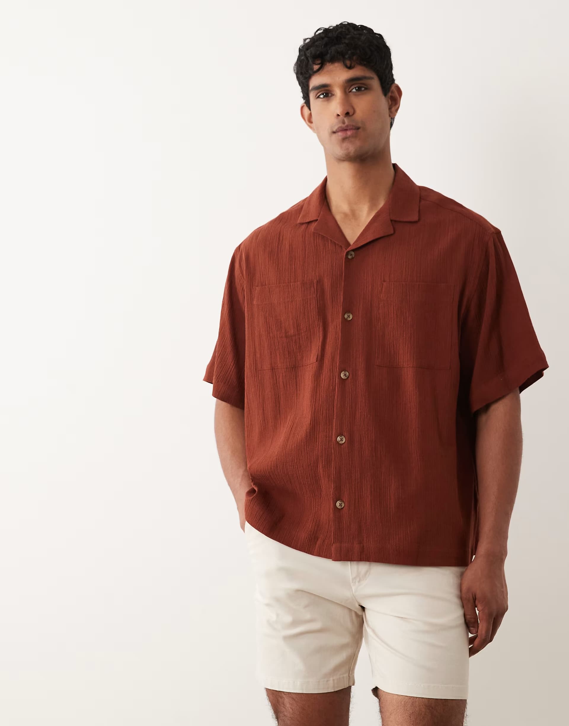 ASOS ASOS DESIGN oversized revere crinkle texture shirt in brown