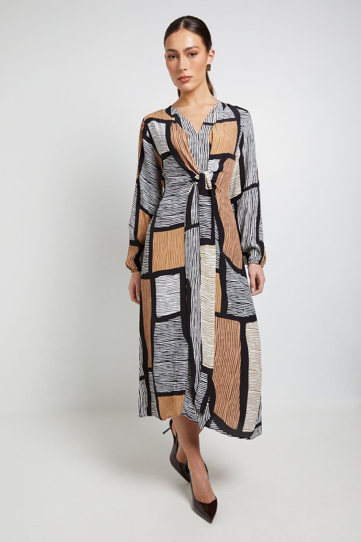 Principles Principles Women's Geo Tie Front Midi Dress in Neutral