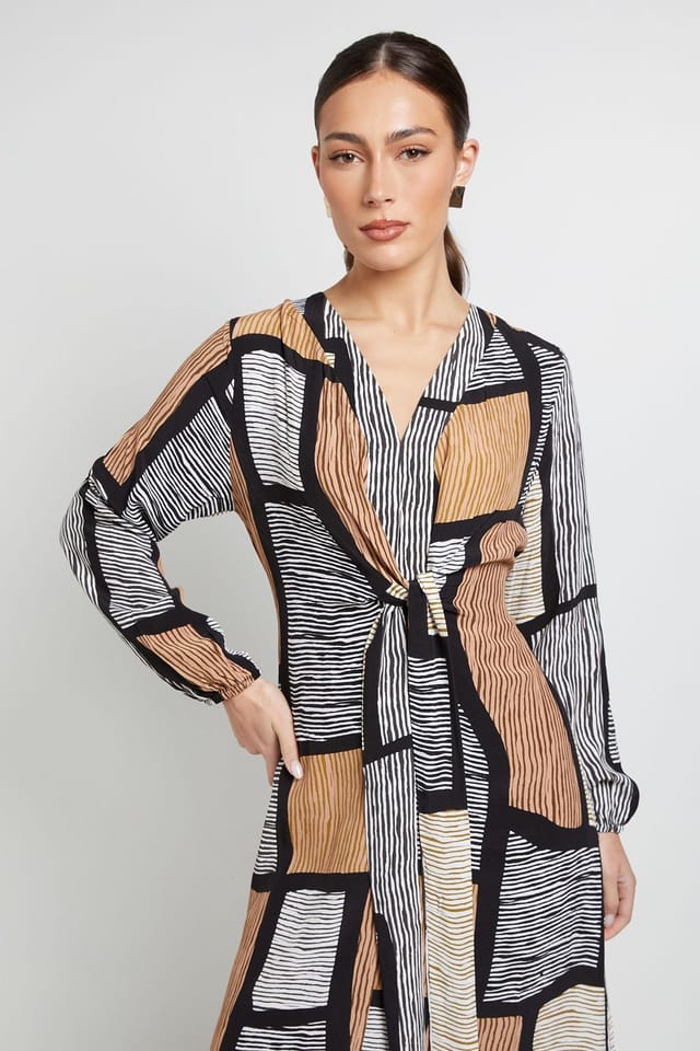 Principles Principles Women's Geo Tie Front Midi Dress in Neutral - 2