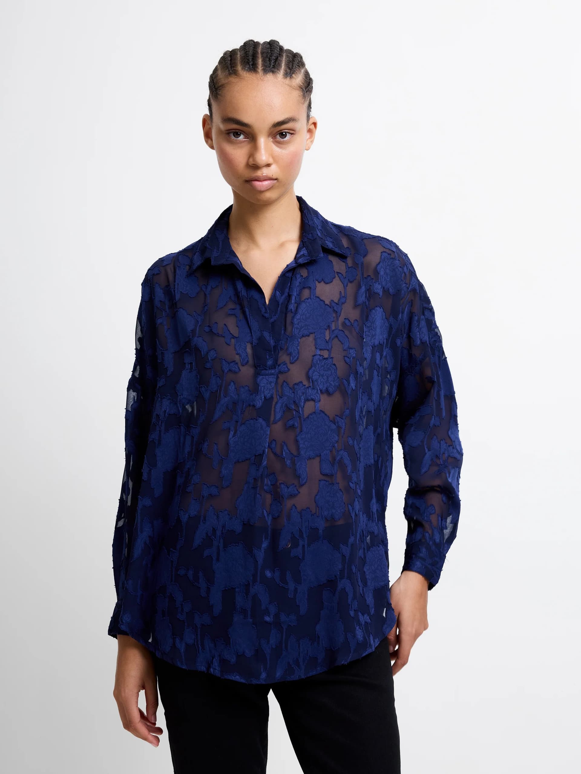 French Connection Devore Satin Popover Shirt Midnight Blue