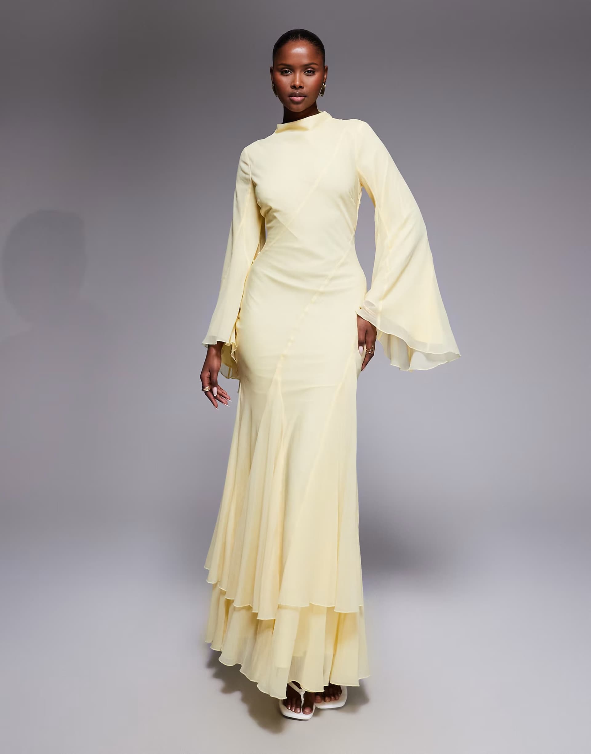 ASOS ASOS DESIGN long sleeve high neck maxi dress with ruffle godets and flute sleeves in buttermilk
