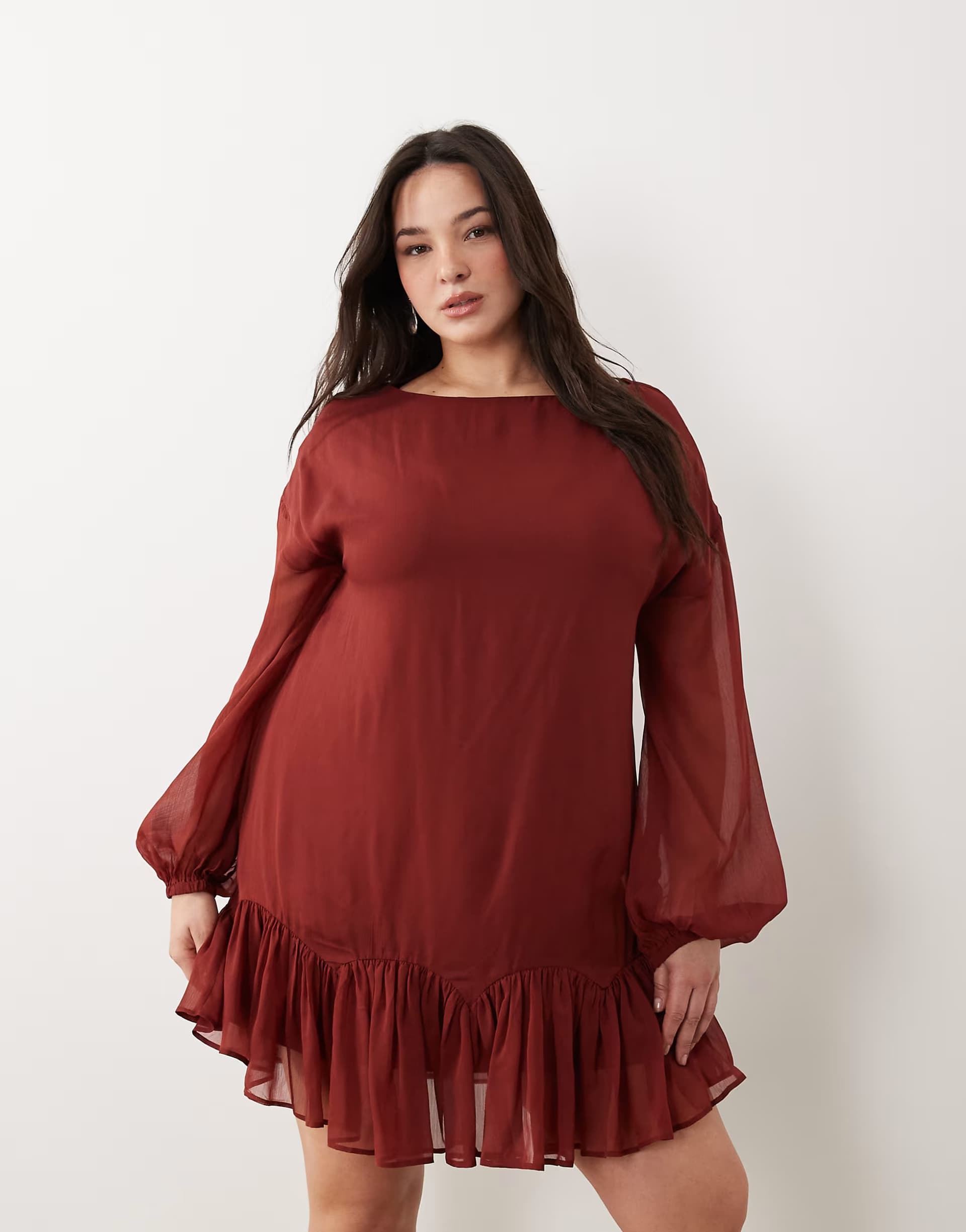 ASOS ASOS DESIGN Curve slash neck chiffon godet mini dress in burgundy