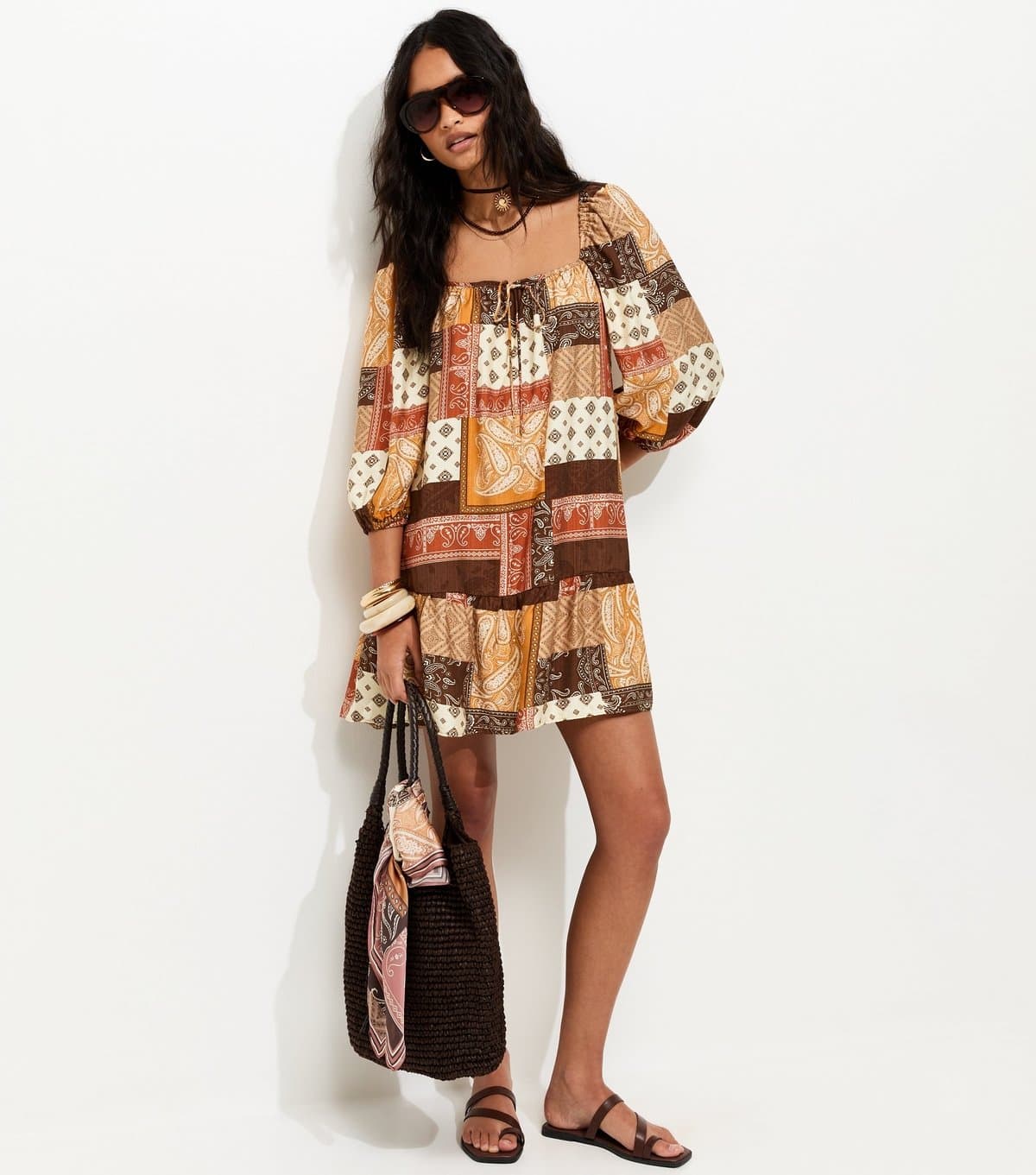 New Look Women's Brown Patchwork Print Smock Mini Dress New Look