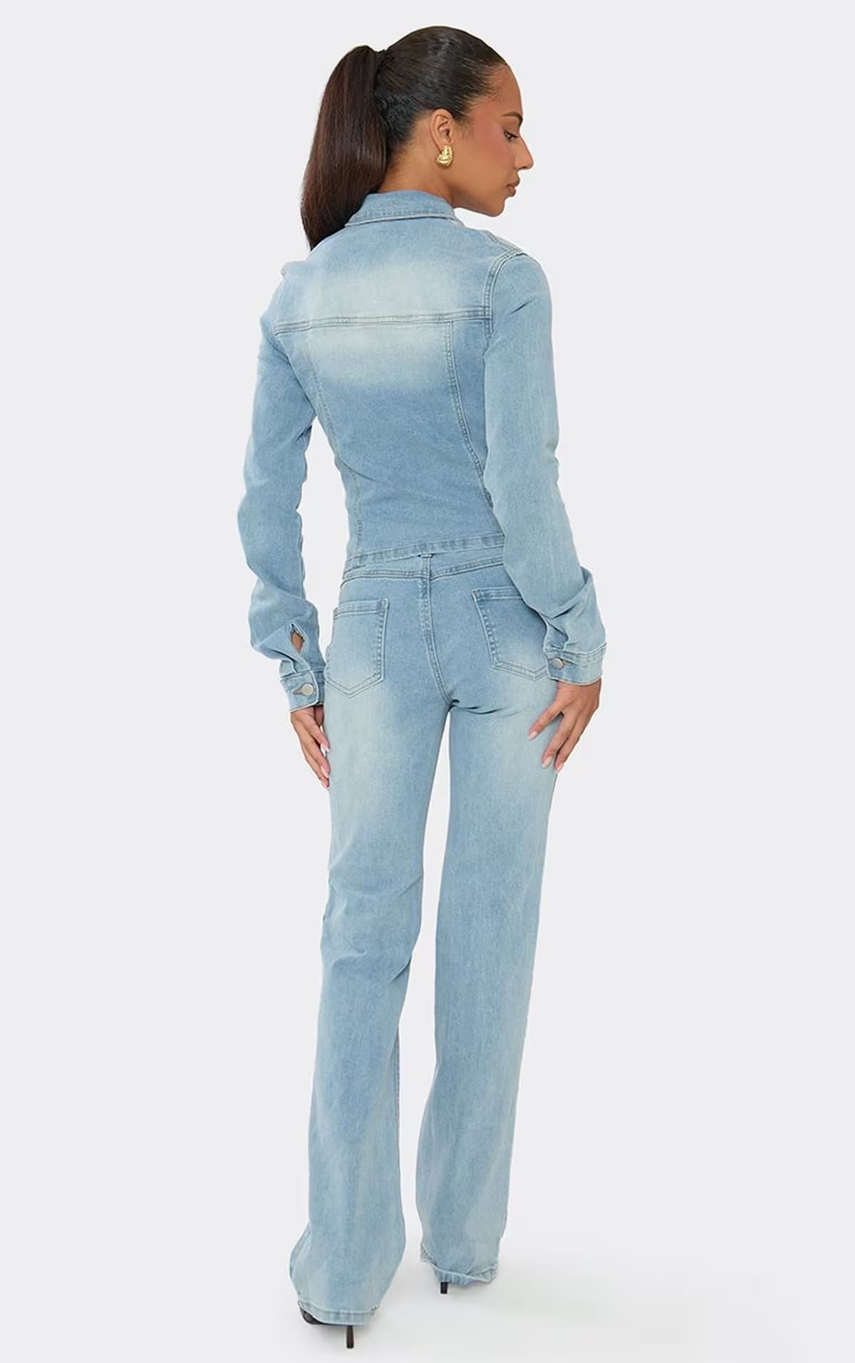 EGO Low Rise Pocket Front Seam Detail Flared Jeans In Light Blue Denim, Women's Size UK 6
