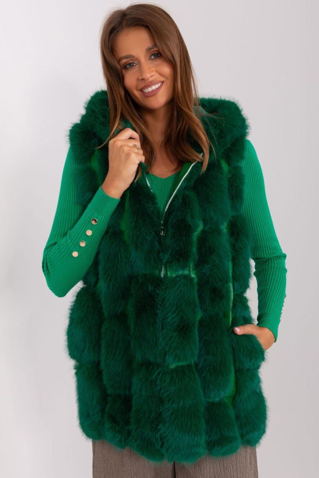 Love Lace Love Lace Women's Hooded Faux Fur Polyester Vest with Pockets Style 187596 in Green