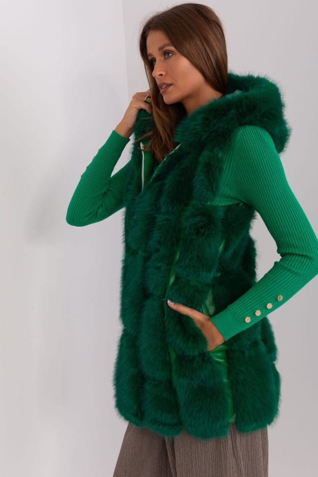 Love Lace Love Lace Women's Hooded Faux Fur Polyester Vest with Pockets Style 187596 in Green - 2