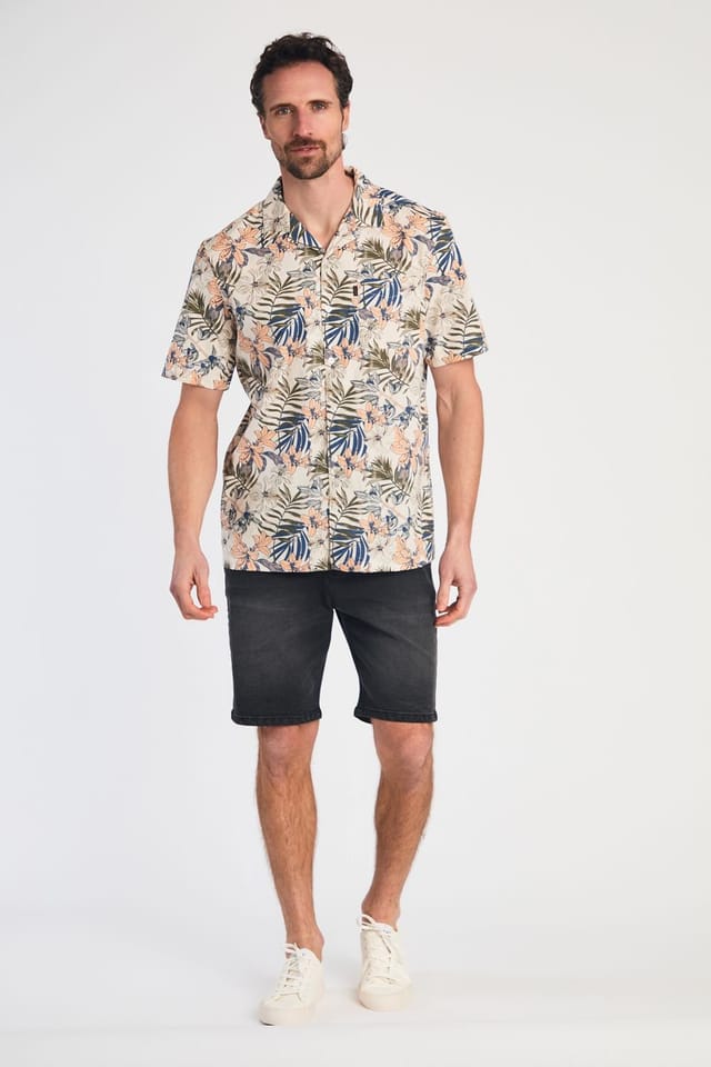 Tokyo Laundry Tokyo Laundry Men's Cotton Printed Poplin Short Sleeve Shirt in Cream - 3