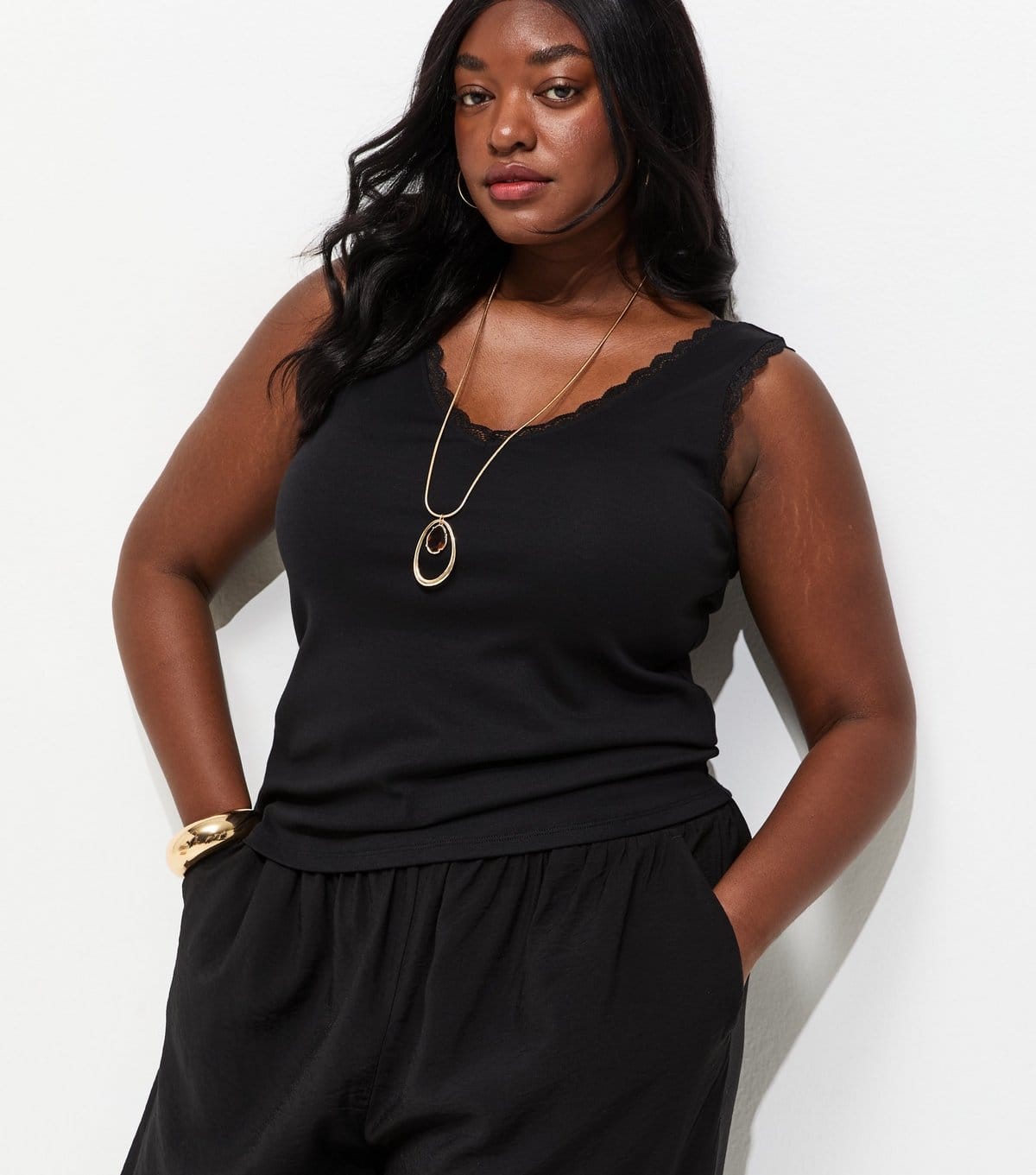 New Look Plus Size Black Lace Trim Vest Top