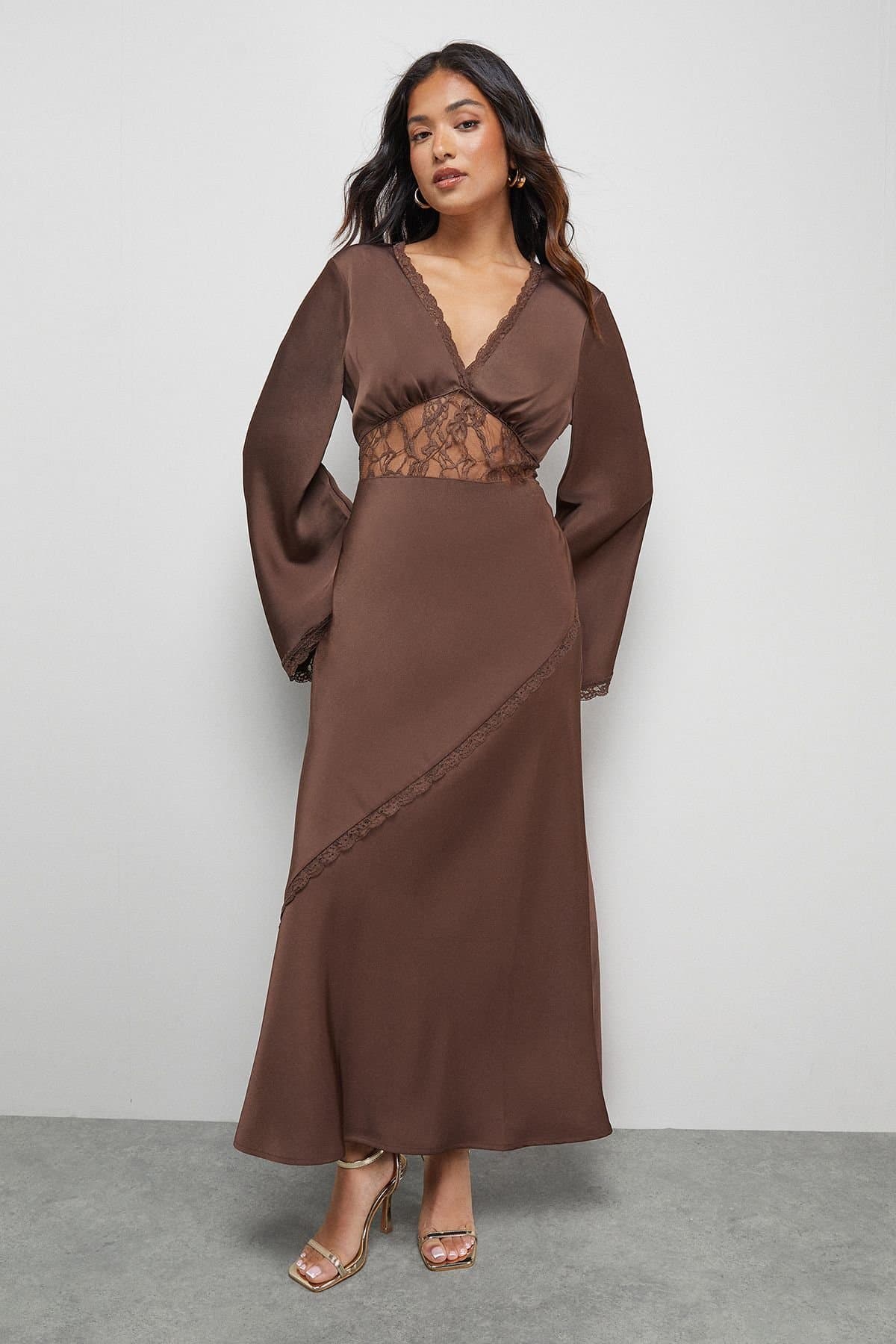 Warehouse Warehouse Chocolate Satin Lace Midi Dress for Petite Women