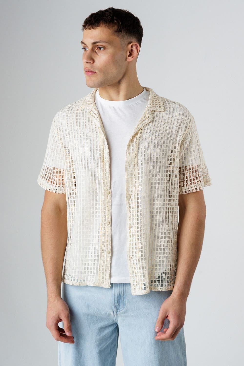 Influence Influence Men's Cotton Blend Open-Knit Revere Collar Short Sleeve Button Shirt in Beige