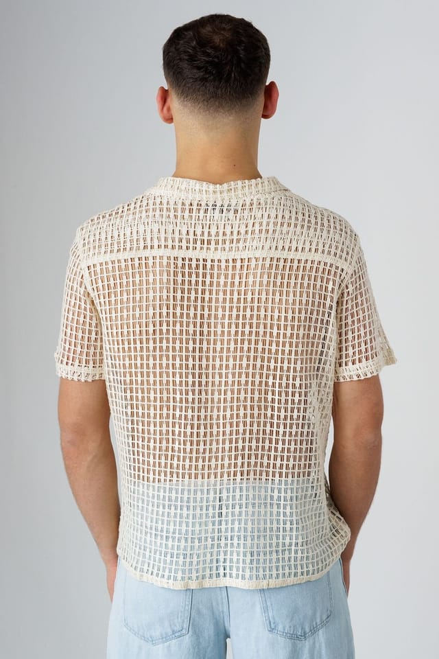 Influence Influence Men's Cotton Blend Open-Knit Revere Collar Short Sleeve Button Shirt in Beige - 2