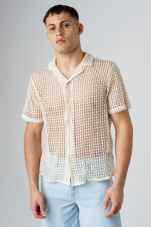 Influence Influence Men's Cotton Blend Open-Knit Revere Collar Short Sleeve Button Shirt in Beige - 3