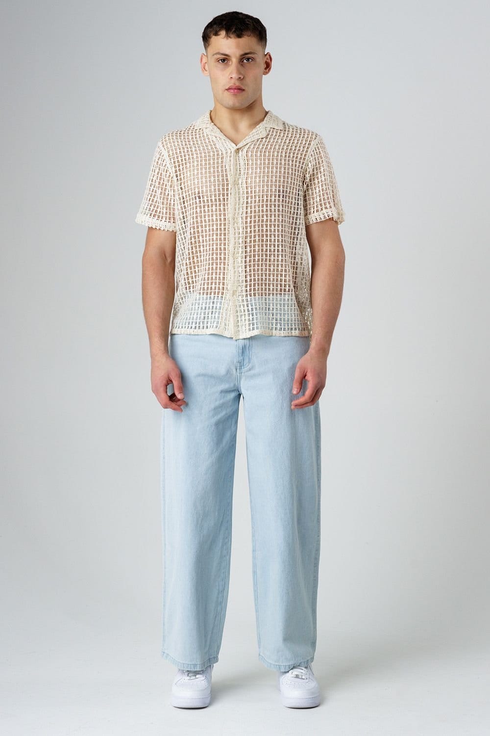 Influence Influence Men's Cotton Blend Open-Knit Revere Collar Short Sleeve Button Shirt in Beige - 4