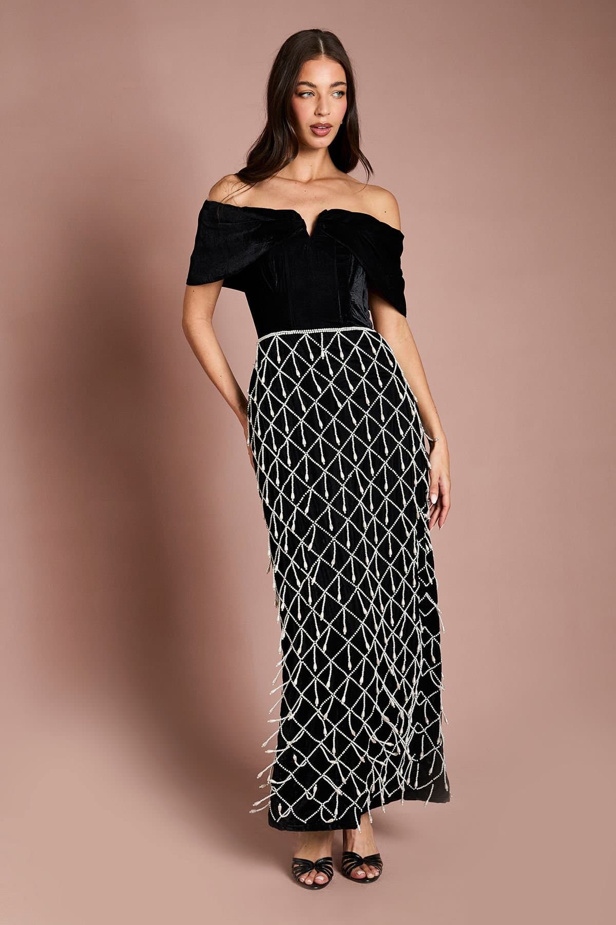 Coast Coast Women's Atelier Velvet Corset Pearl Embellished Maxi Dress in Black