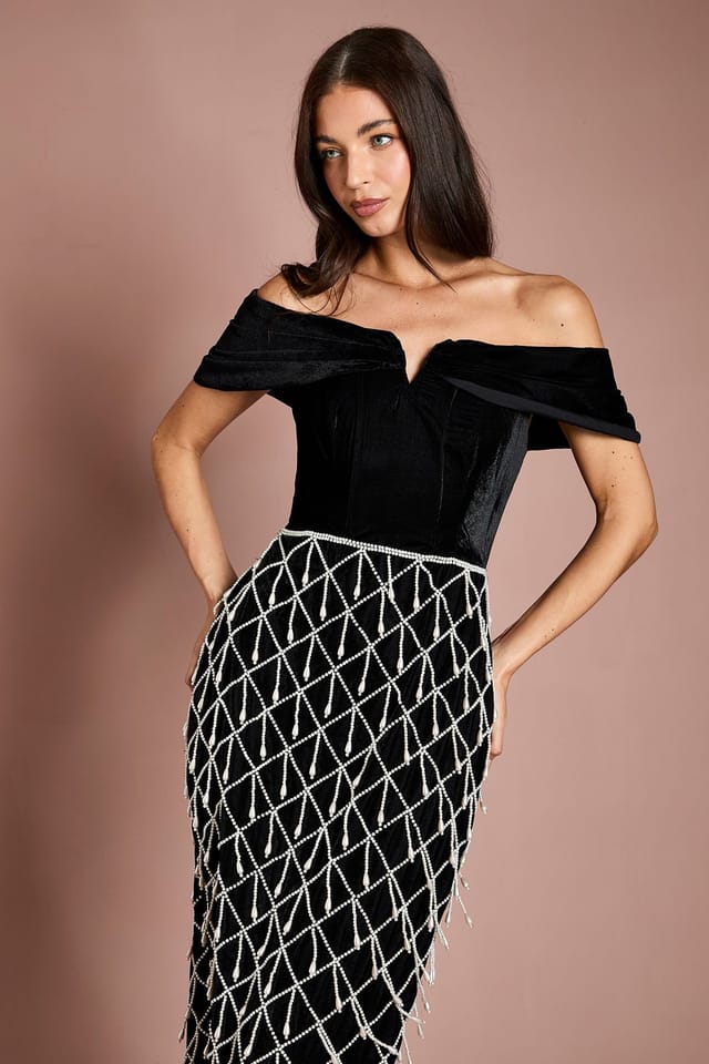 Coast Coast Women's Atelier Velvet Corset Pearl Embellished Maxi Dress in Black - 2