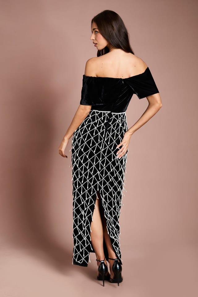 Coast Coast Women's Atelier Velvet Corset Pearl Embellished Maxi Dress in Black - 3