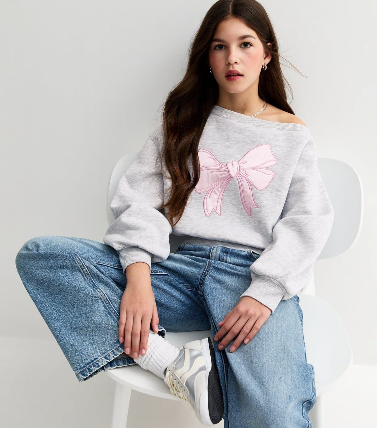 New Look Girls' Grey Satin Bow Off Shoulder Sweatshirt New Look