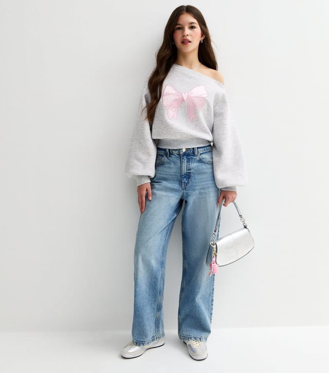 New Look Girls' Grey Satin Bow Off Shoulder Sweatshirt New Look - 3