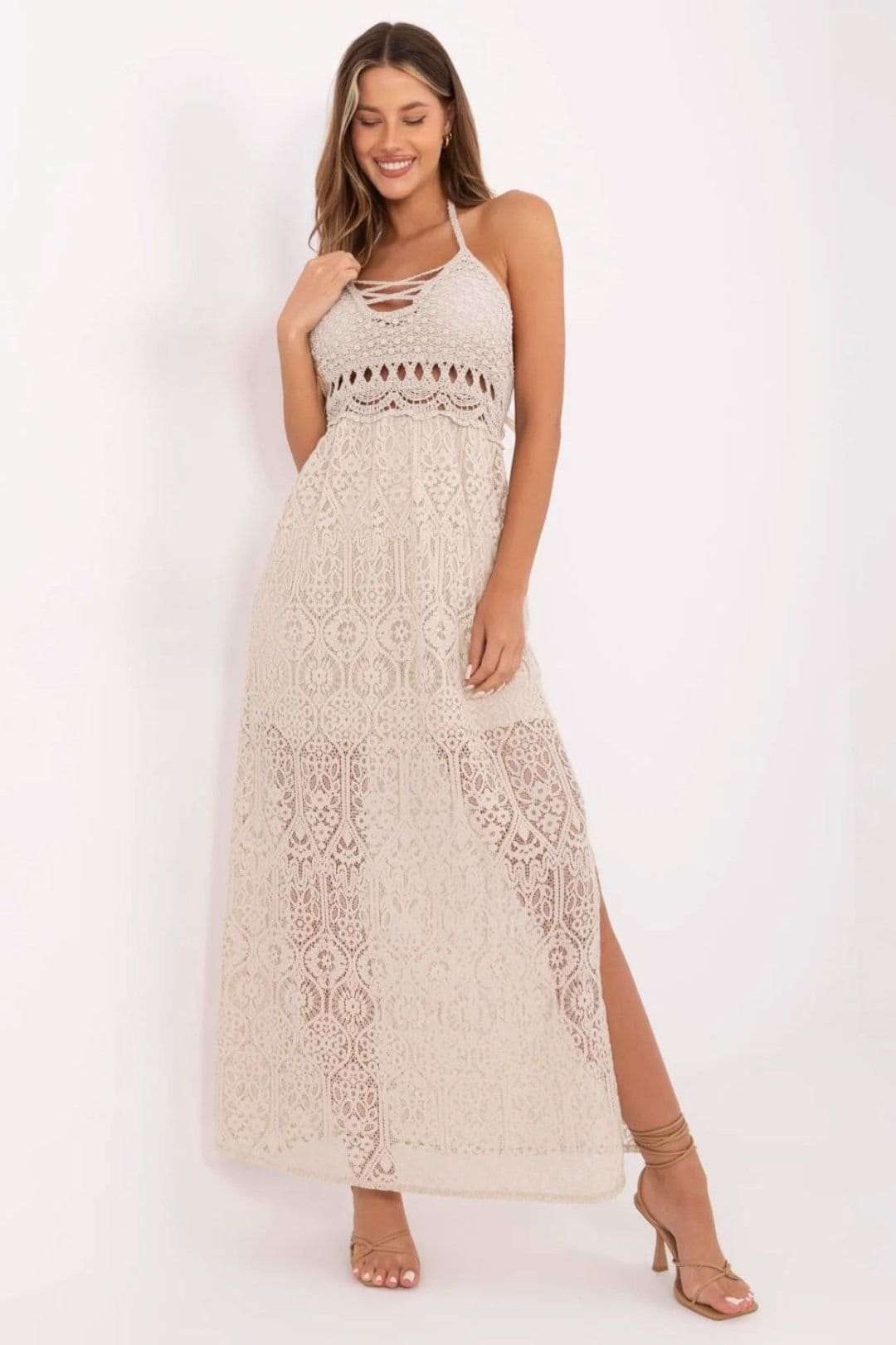 Love Lace Beige Boho Lace Maxi Dress with Padded Cups