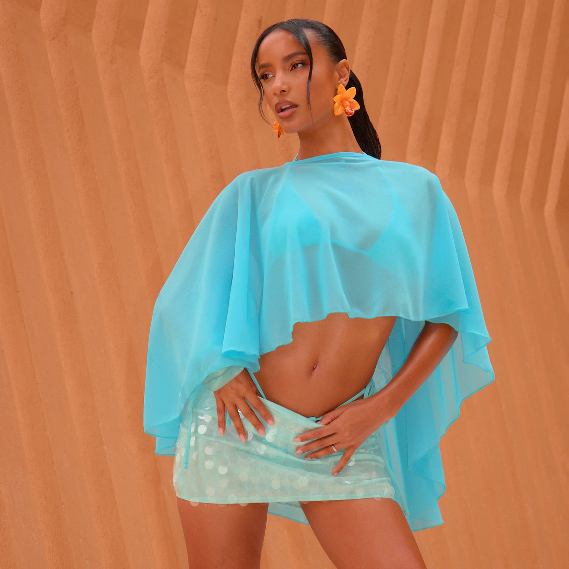 EGO EGO Blue High Neck Floaty Cape Sleeve Top