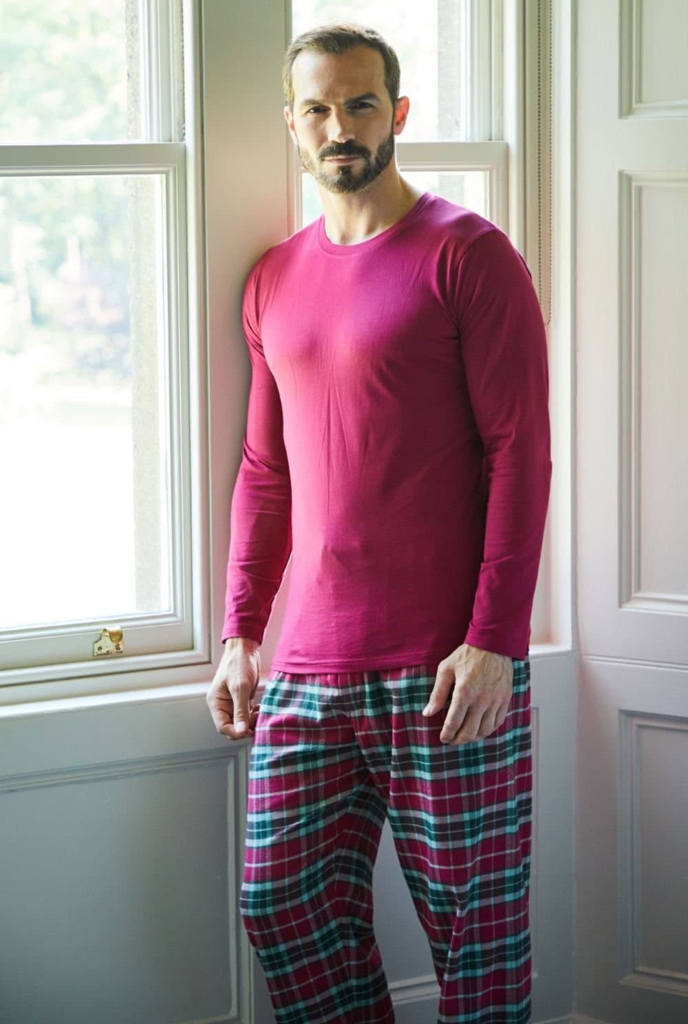 British Boxers British Boxers Men's "Beet Red" Cotton Jersey Long Sleeve Top in Dark Red