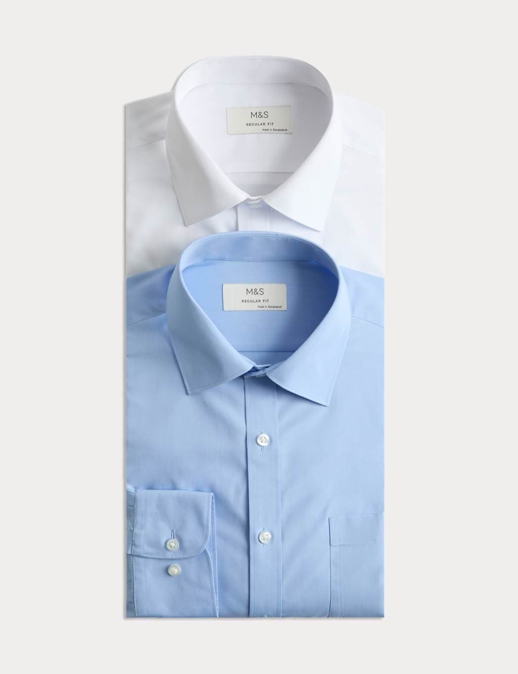 Marks & Spencer M&S 2 Pack Regular Fit Easy Iron Cotton Blend Shirts White/Med Blue