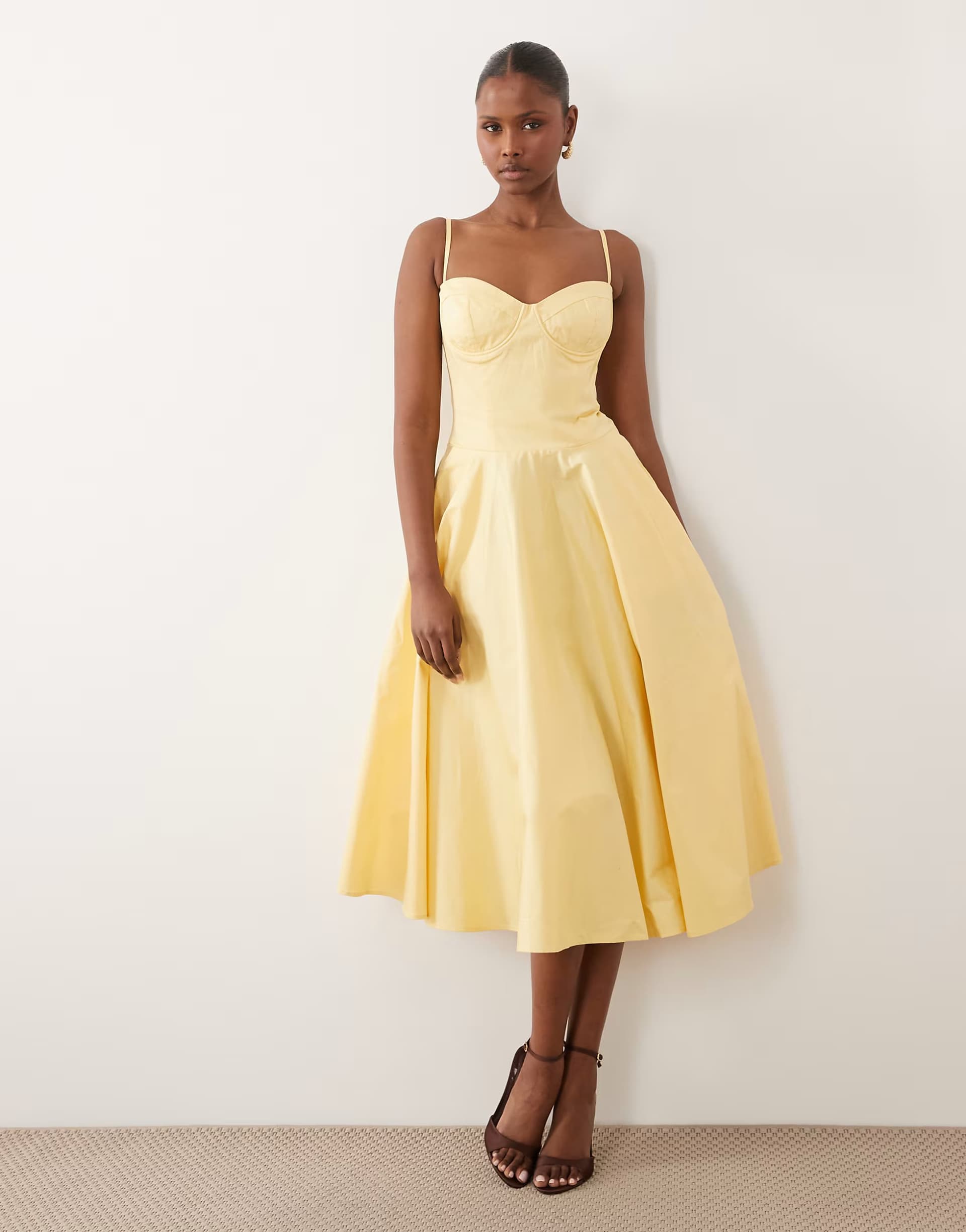ASOS TFNC cotton cami cup detail full skirt midi dress in lemon