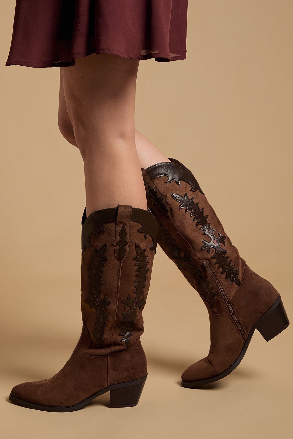 Oasis Oasis Women's Jessie Faux Suede & Leather Western Cowboy Calf Boots in Brown